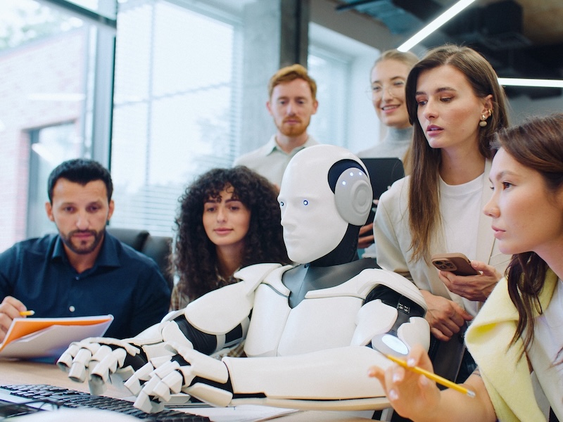 AI robot working on a computer with humans surrounding it - English for Asia Call Centre English