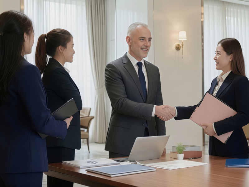 A businessman shakes hands with a woman in a formal office meeting while two colleagues stand nearby