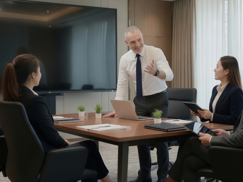 A man in a white shirt leads a business meeting in a conference room while three colleagues listen around a table.
